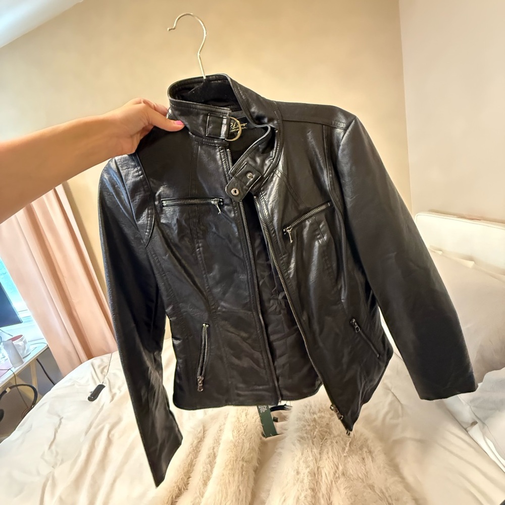Black Leather Jacket Turns into leather purse with chain / Jurse Jacket